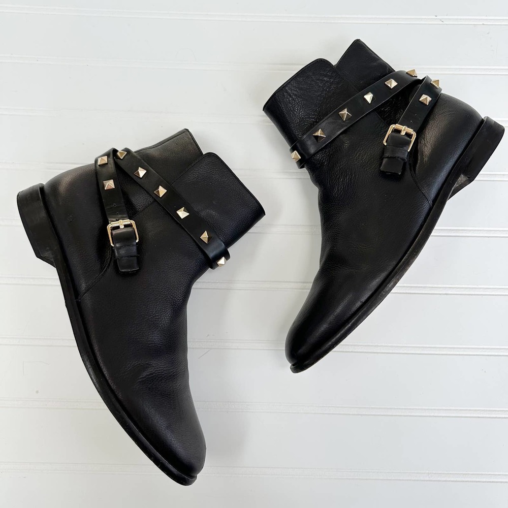 Valentino Rockstud Ankle Bootie Studded Strap Leather Chelsea Flat Boots